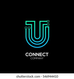 Letter U logotype blue and green color,Technology and digital abstract dot connection vector logo