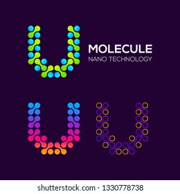 Letter U Logotype with Dots and Curve , Circle Shape and Line Connection, Molecule and Nano Technology logo, Innovation and DNA Icons, Medical Cosmetics Symbols, Science Laboratory Cell Signs