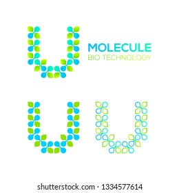 Letter U Logotype with Green Leave and Dots cross, Molecular cell structure concept, Nano Technology and Ecology Biology logo, Eco Plant Icons, Chemistry and DNA Symbols, Science Laboratory Signs
