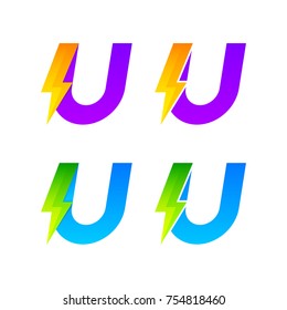 Letter U logotype set with Thunder Electric logo, Energy, Power, Flash, Lighting Bolt colorful concept for your Corporate identity vector design template
