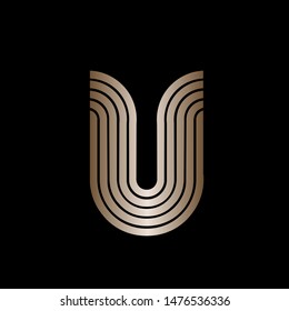 Letter U logo.Typographic icon with lines.Alphabet initial sign in shiny golden metallic color isolated on dark background.Lettering shape.Beauty, geometric, clean, luxury style character.