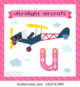 Letter U lowercase cute children colorful transportations ABC alphabet tracing flashcard of Ultralight Aircraft for kids learning English vocabulary and handwriting Vector Illustration.