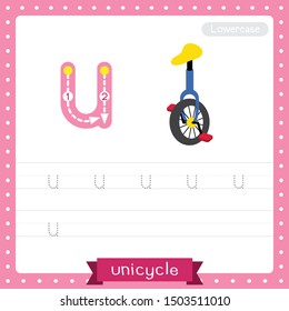 Letter U lowercase cute children colorful transportations ABC alphabet tracing practice worksheet of Unicycle for kids learning English vocabulary and handwriting Vector Illustration.