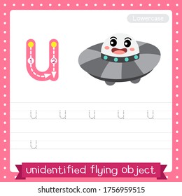 Letter U lowercase cute children colorful transportations ABC alphabet tracing practice worksheet of UFO for kids learning English vocabulary and handwriting Vector Illustration.