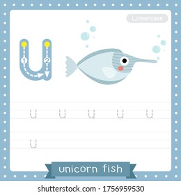 Letter U lowercase cute children colorful zoo and animals ABC alphabet tracing practice worksheet of Unicorn Fish for kids learning English vocabulary and handwriting vector illustration.