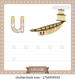 Letter U lowercase cute children colorful transportations ABC alphabet tracing practice worksheet of Umiak for kids learning English vocabulary and handwriting Vector Illustration.