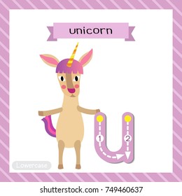 Letter U lowercase cute children colorful zoo and animals ABC alphabet tracing flashcard of Unicorn standing on two legs for kids learning English vocabulary and handwriting vector illustration.