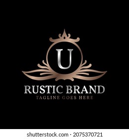 letter U luxurious rustic crest logo badge for beauty care, wedding organizer, hotel and cottage