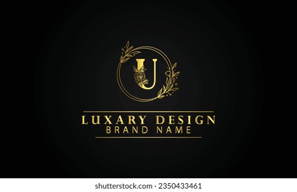 Letra U círculo lujoso floreciente modelo de diseño logo con fondo negro
