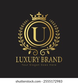 Letter U luxury gold logo concept brand logo design with a royal gold crown emblem and elegant typography
