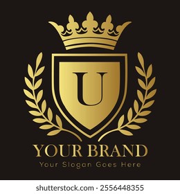 Letter U luxury gold logo concept brand logo design with a royal gold crown emblem and elegant typography
