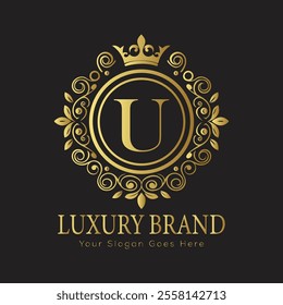 Letter U luxury gold logo concept brand logo design with a royal gold crown emblem and elegant typography
