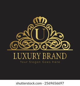 Letter U luxury gold logo concept brand logo design with a royal gold crown emblem and elegant typography
