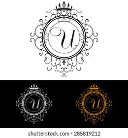 Letter U. Luxury Logo template flourishes calligraphic elegant ornament lines. Business sign, identity for Restaurant, Royalty, Boutique, Hotel, Heraldic, Jewelry, Fashion, vector illustration.