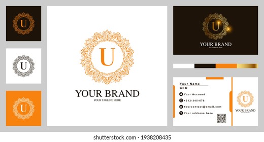 Letter U luxury ornament flower frame logo template design with business card.