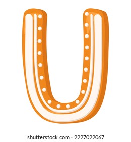 Letter U made from glazed gingerbread. Festive font, symbol of Happy New Year and Christmas, sign and letters of different shapes. Vector flat illustration