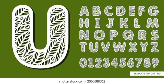 Letter U made of leaves. Eco font for spring, summer, autumn. Theme of plants, nature. White symbol on green background. Template for printing, plotter laser cutting of paper, cnc. Vector illustration