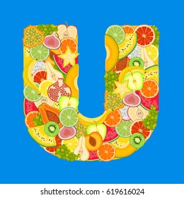 Letter - U made of tropical fruits on a blue background.