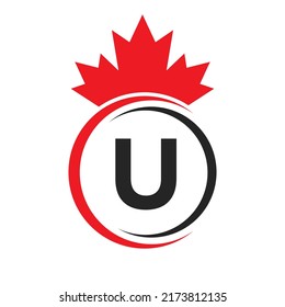 Letter U Maple Leaf Logo Template Symbol of Canada. Minimal Canadian Business, Company Logo Concept With U Alphabet Vector