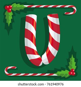 Letter U, the mark of red and white sweets sweet candy cane on green background, illustration, vector