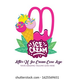 Letter U Melting Ice Cream Balls in the Waffle Cone Isolated on White Background. Vector Flat Modern Style. Colorful Logo in Cartoon Style Illustration for Ice Cream Shop Café and Restaurant