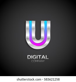 Letter U with metallic texture,3d Glossy, Digital and Technology, metal texture,  silver, steel and realistic shadow for logo, Vector illustration