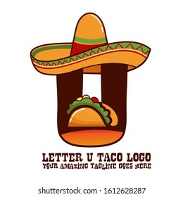 Letter U Mexican Meat Taco Dishes with Sombrero Hat Vector Logo Design Illustration Food on White Background for Restaurant and Cafe. Initial Typography Logotype Template