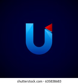 Letter U with Modern glossy and Triangle logo, Arrow and forward, Vector abstract origami, Digital, Technology, Media logotype