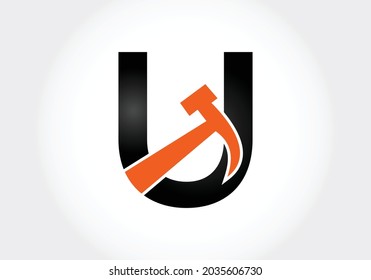 Buchstaben U-Monogramm-Alphabet mit Hammer. Reparatur-, Renovierungs- und Konstruktionslogo. Modernes Vektorlogo für Bauunternehmen und Firmenidentität