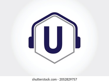 Letter U monogram alphabet with a headphone. Headphone Logo vector icon symbol. Music sign symbol. Font emblem. Design element for poster, banner, t-shirt, notebook cover, sticker, greeting card, bag,