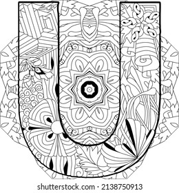 Letter U monogram with mandala, engraving design. Vector illustration for coloring.