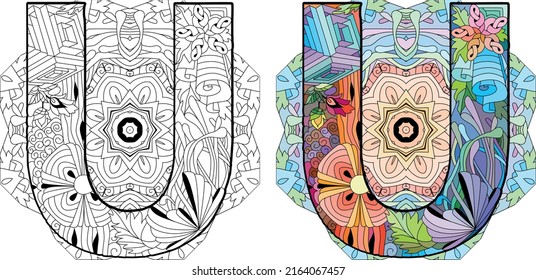 Buchstabe U Monogramm mit Mandala, Gravierungsdesign. Vektorgrafik zum Färben. Farbe und Kontursatz