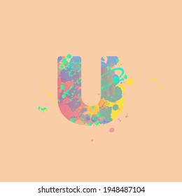 Letra U con manchas multicolores mezcladas de pintura rosa, amarilla, azul, turquesa sobre fondo melocotón. Diseño para banners, volantes, etiquetas, decoraciones, afiches o invitaciones.