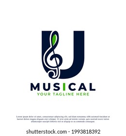 Letra U con elemento de diseño de logotipo de nota de clave musical. Usable para Logos de Negocios, Música, Entretenimiento, Grabación y Orquesta