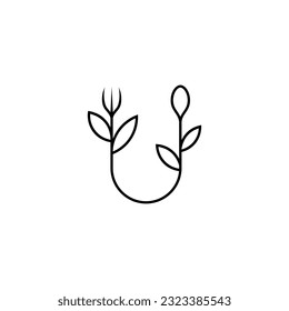 Letter U and natural cutlery line art logo design