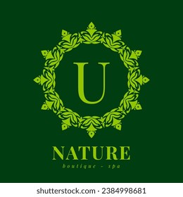letter U nature border wreath initial logo for boutique spa and beauty wellness