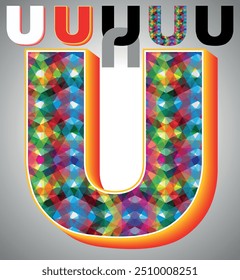 Letter U on triangular pattern mosaic royalty vector, Colorful triangles form U mosaic design, This graphic design is set against U white triangular background, Polygonal 3D Alphabet U, A to Z Letter.