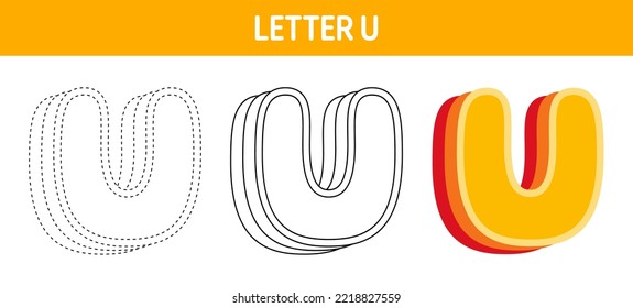 Letter U Orange, tracing and coloring worksheet for kids