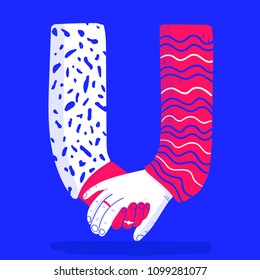 Letter U original vector hand drawn illustration. Two hands holding each other showing unity of races, countries, religions, thoughts, views, politics. Stylish cute isolated image in pink and blue