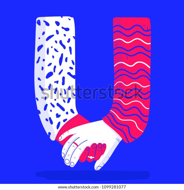 文字uのオリジナルベクター手描きのイラスト 人種 国 宗教 思想 意見 政治の統一を示す2人の手が互いに握り合っている ピンクと青のスタイリッシュな かわいい画像 のベクター画像素材 ロイヤリティフリー