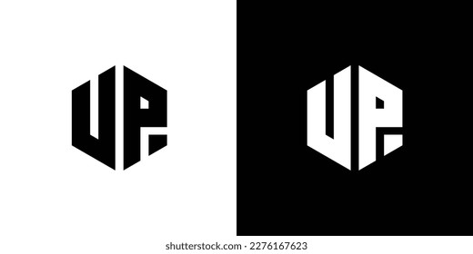 Letter U P Polygon, Hexagonal Minimal Logo Design On Black And White Background