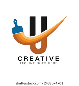 Letter U Paint Brush Logo. Alphabet U House Paint Business Icon