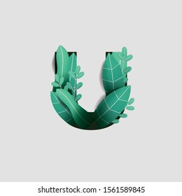 Letter U Paper Cut Style Design With Green Leaf Beautiful Ornament Handcraft White Background. Vector Stock Illustration