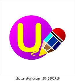 Letter u with pencil in dots, colorful clipart. Simple, beautiful and cool vector graphic resource