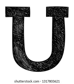 Letter U pencil sketch in black color isolated on white background. Scribble texture font. Hand drawn vector illustration.   