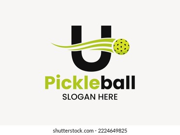 Letter U Pickleball Logo Concept With Moving Pickleball Symbol. Pickle Ball Logotype Vector Template