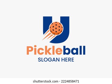 Letter U Pickleball Logo Concept With Moving Pickleball Symbol. Pickle Ball Logotype Vector Template