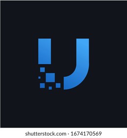 Letter U pixel logo blue color. Technology and digital logotype vector illustration