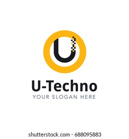 Letter U Pixel Logo Design Template With Yellow Circle Isolated on White Background. Vector Illustration