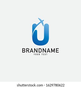 Letter U with plane and airline inside. Vector typeface for flight labels, travel headlines, delivery posters, aviation cards etc.